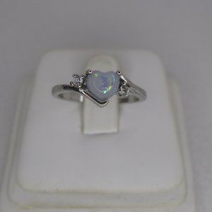Sterling Silver Opal Heart Ring Size 8